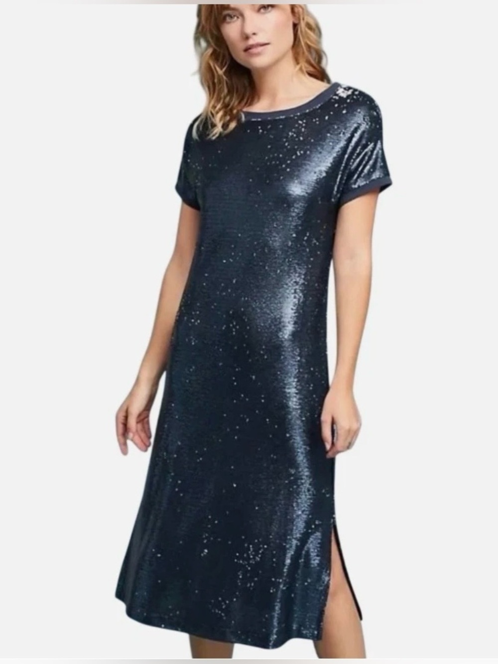 Moulinette Soeurs Anthropologie Navy Blue Sequin Midi Shift Dress Size XL